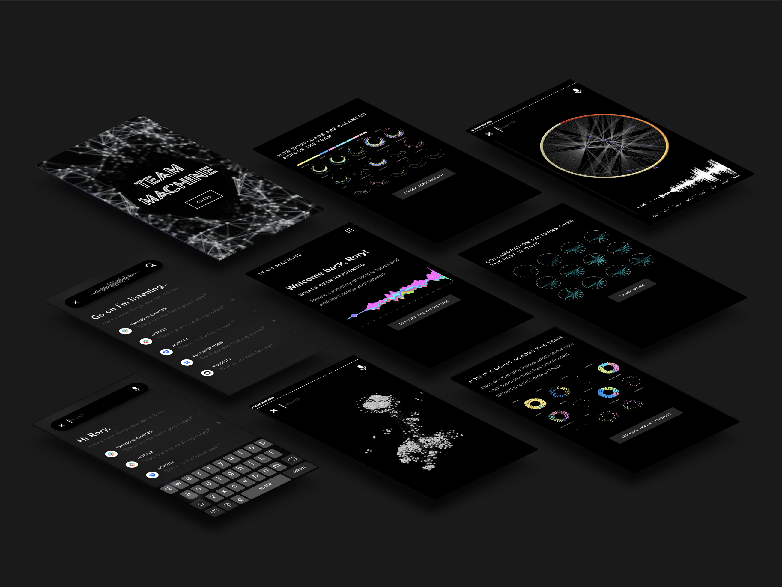 Team Machine mobile product composite - full app suite across multiple screens including graph, chord diagram, waveform, and team circle views
