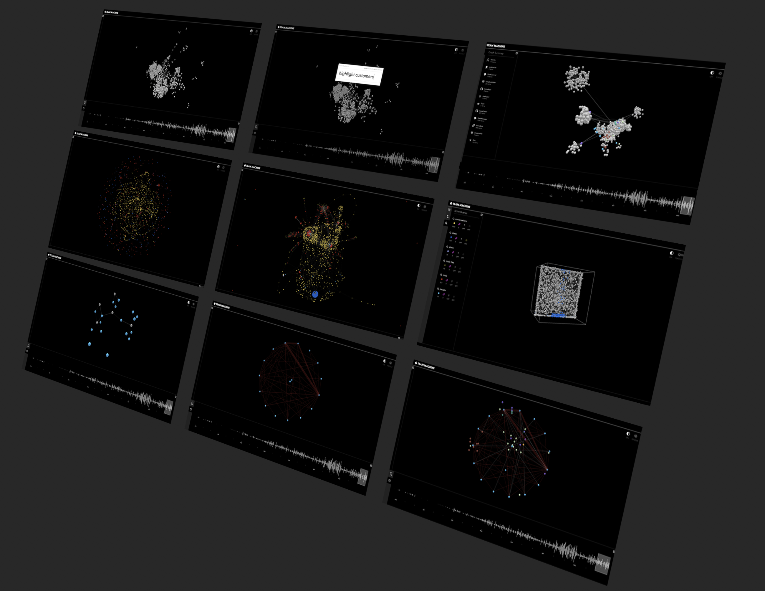 Team Machine Team Graph - nine configurations showing different organisation topologies and cluster states