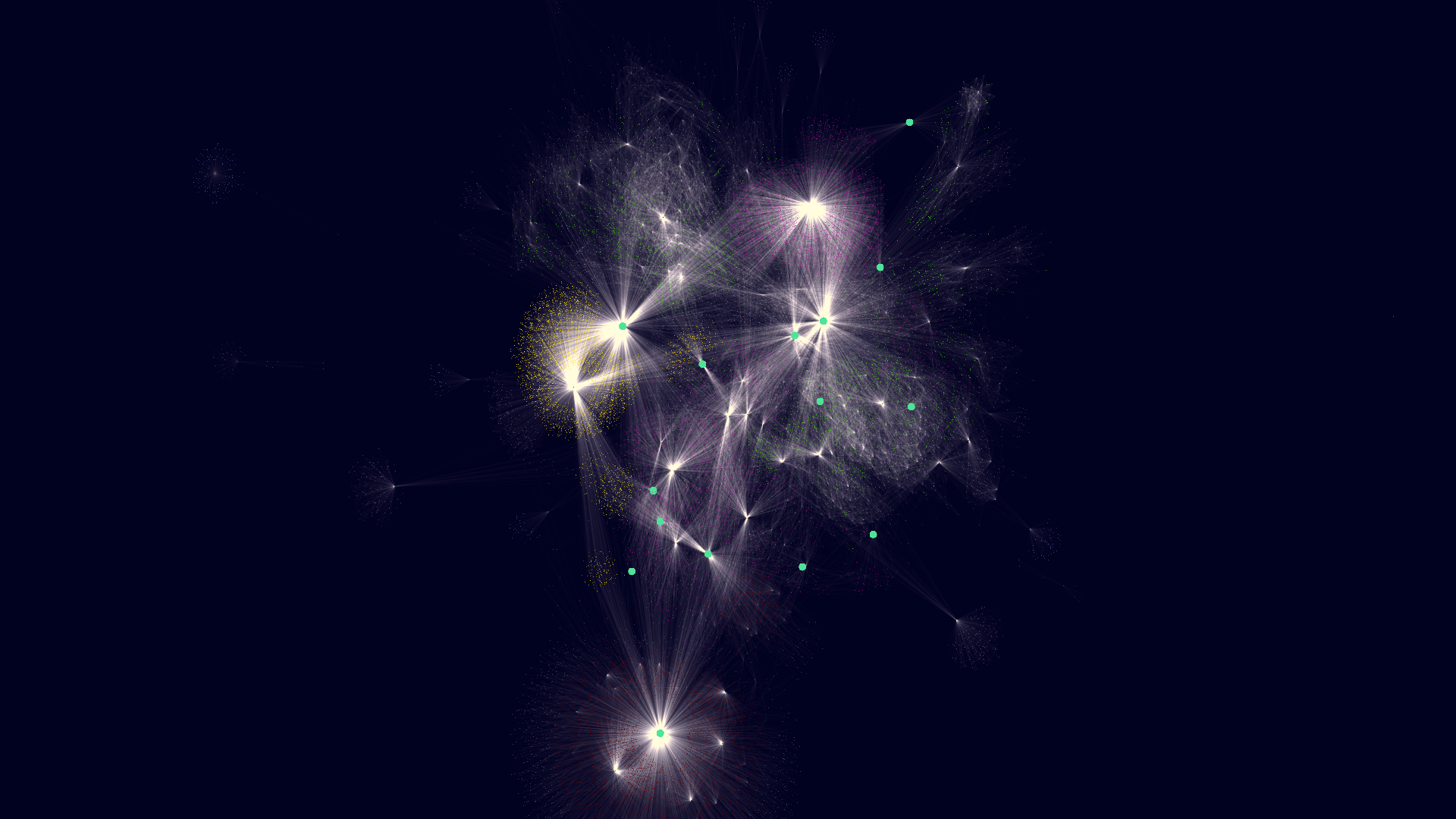 Team Machine work graph rendered as particle nebula - nodes as stars with lens flare, edges as light filaments